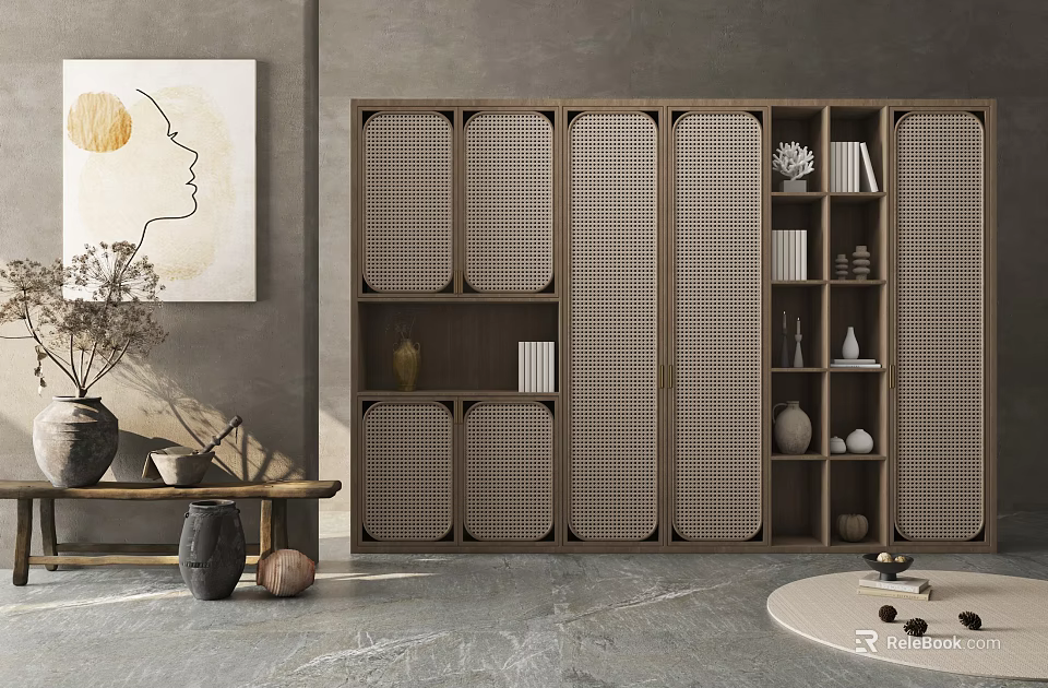 Modern Wooden Decorative Cabinet With Lattice Panels Open Shelves And Decorative Items 3d model 