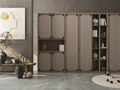 Modern Wooden Decorative Cabinet With Lattice Panels Open Shelves And Decorative Items 3d model