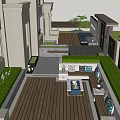 Modern Roof Courtyard Garden With Outdoor Sofa Umbrella Wooden Deck And Green Plants
