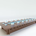 Modern Wooden Conference Table with Multiple Screens Neatly Arranged in Meeting Room