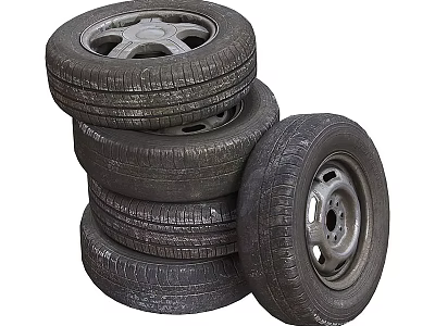 Car Tires Stacked with Silver Rims and Black Tread Patterns in Pile 3d model
