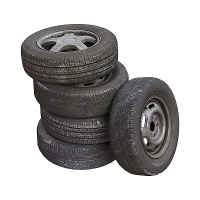 Car Tires Stacked with Silver Rims and Black Tread Patterns in Pile 3d model