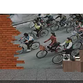 Check in Scene With Brick Wall People Riding Bicycles On Street And Wooden Boxes With