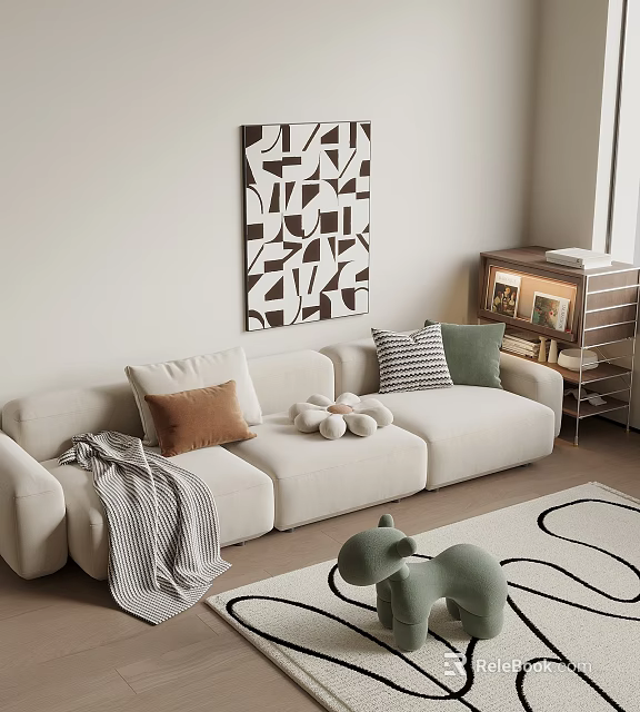 White Three Seater Sofa With Brown Green Striped Cushions Striped Blanket And Geometric Wall Art 3d model 