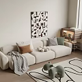 White Three Seater Sofa With Brown Green Striped Cushions Striped Blanket And Geometric Wall Art