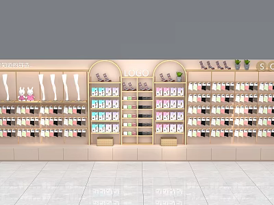 Modern Retail Display Shelves Featuring Multiple Tiers Neatly Arranged Products And Green Plants 3d model