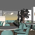 Modern Restaurant Interior With Reception Area Bench Seating Lighting And Dining Tables 3d model