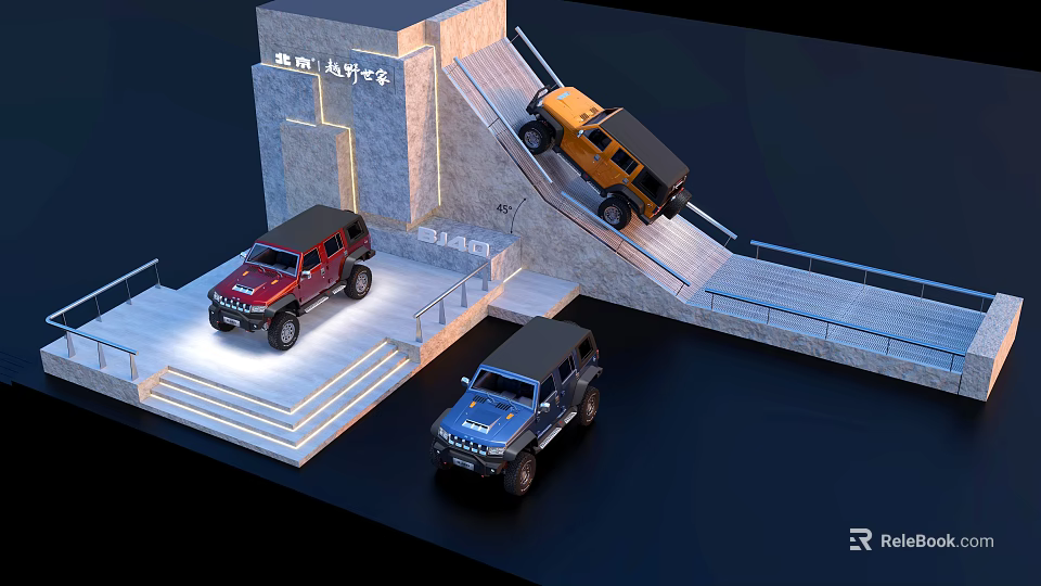 Off-Road Vehicles Exhibition Island With Display Steps Lighting And Safety Showcase 3d model 