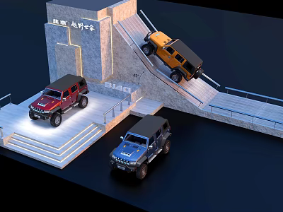 Off-Road Vehicles Exhibition Island With Display Steps Lighting And Safety Showcase 3d model