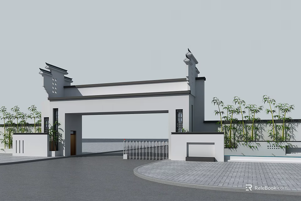 Traditional Chinese Gate Featuring Elegant Eaves Bamboo Plants White Walls and Circular Paving 3d model 