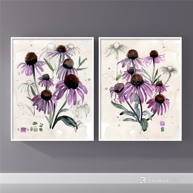 Watercolor Plant Paintings With Purple Flowers And Green Leaves On White Background 3d model 