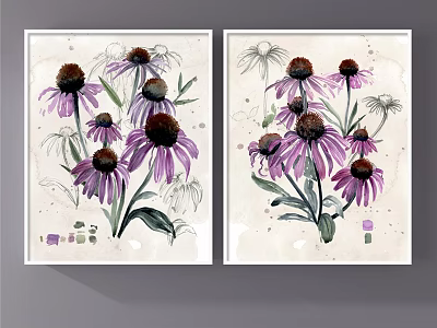 Watercolor Plant Paintings With Purple Flowers And Green Leaves On White Background 3d model