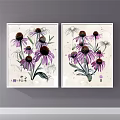 Watercolor Plant Paintings With Purple Flowers And Green Leaves On White Background