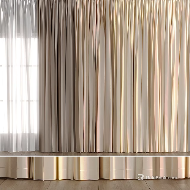 Luxurious Layered Curtains In Beige Brown And Gold Tones For Window Decoration 3d model 