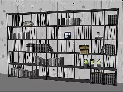 Stylish Modern Bookcase Interior Design With Books Photo Frame Decorative Items And Shelves 3d model