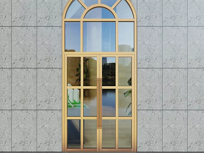 Double Casement Door With Gold Frame Glass And Arched Top On Gray Stone Exterior 3d model