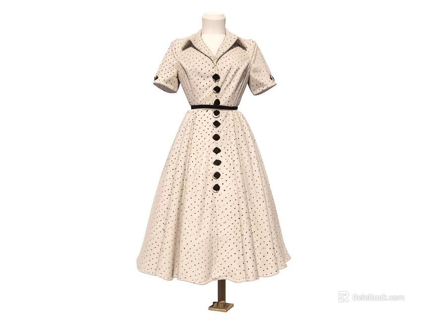 Beige Polka Dot Short Sleeve Dress with Button Collar Black Belt and A-line Skirt Design 3d model 