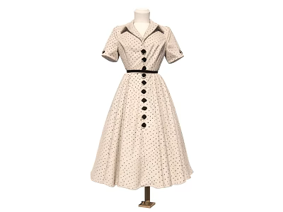 Beige Polka Dot Short Sleeve Dress with Button Collar Black Belt and A-line Skirt Design 3d model