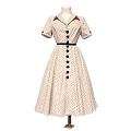 Beige Polka Dot Short Sleeve Dress with Button Collar Black Belt and A-line Skirt Design