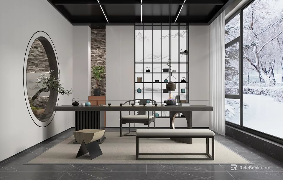 Modern Tea Room Interior Featuring Wooden Table Tea Sets Green Plants And Large Windows 3d model