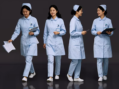 Professional Female Nurses In Blue Uniforms Walking With Medical Documents 3d model