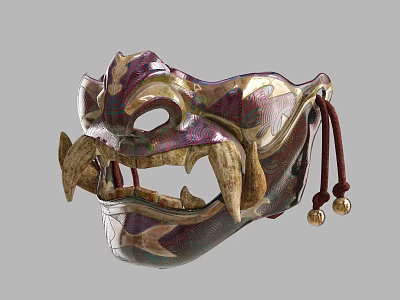 Decorative Purple And Gold Mask With Sharp Fangs Tassels And Small Bells 3d model