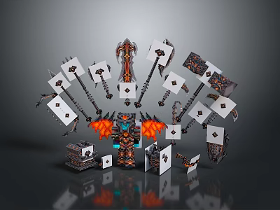 Fantasy Style 3D Rendered Weapons Collection Featuring Axes Swords Flame Decor And Geometric Patterns 3d model