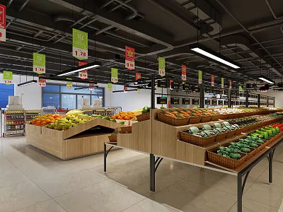 Spacious Modern Supermarket Interior With Fresh Fruit Vegetable Displays Promotional Hanging Signs And Bright Lighting 3d model