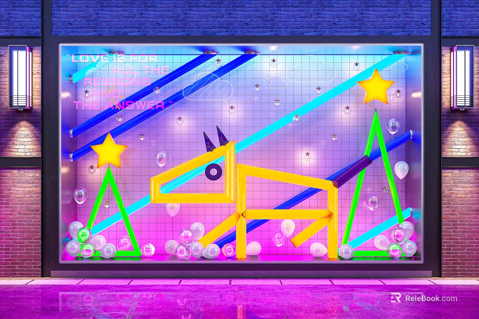 Vibrant Window Display With Neon Lights Unicorn Stars Balloons And Colorful Lines 3d model 