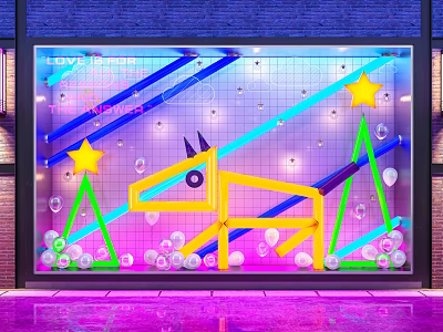 Vibrant Window Display With Neon Lights Unicorn Stars Balloons And Colorful Lines 3d model