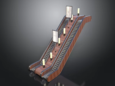 Modern Escalator Design With Wooden Steps Illuminated Lights And Display Panels 3d model
