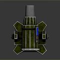 Green Camouflage Military Weapon With Circular Barrel Geometric Base Stand And Red Emblem