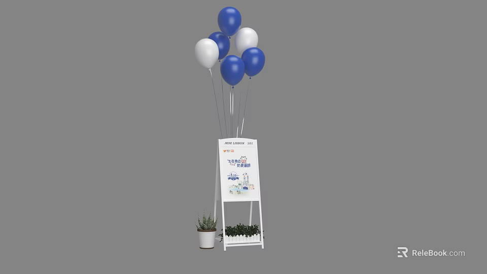 Inflatable Decorations With Blue White Balloons Display Board And Potted Plant 3d model 