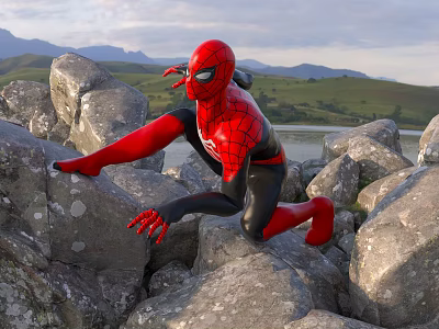 Spider Man Climbing Rocky Boulders With Mountain Grassland And Water Background 3d model