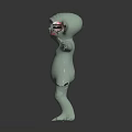 Green Creature with Large Ears and Big Eyes Standing with Outstretched Arms on Dark Background