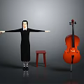 Child in black dress with striped socks spreading arms near red stool and orange cello