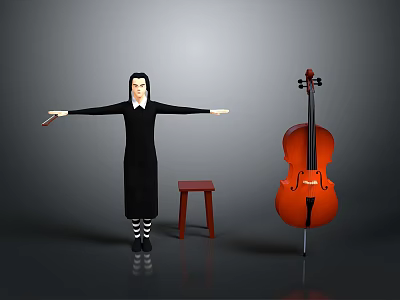 Child in black dress with striped socks spreading arms near red stool and orange cello 3d model