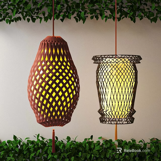 Red And Black Woven Lanterns With Intricate Patterns Hanging With Green Plants 3d model 