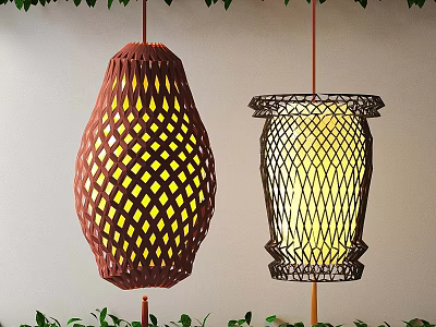 Red And Black Woven Lanterns With Intricate Patterns Hanging With Green Plants 3d model