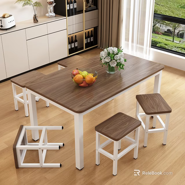 Modern Dining Table Set with Wooden Top White Legs Stools Fruit Bowl and Flower Vase 3d model 