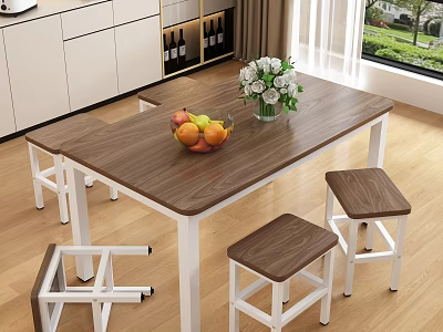 Modern Dining Table Set with Wooden Top White Legs Stools Fruit Bowl and Flower Vase 3d model
