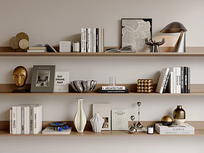 Stylish Decorative Ornament Set on Wooden Shelves with Books Vases and Artworks 3d model