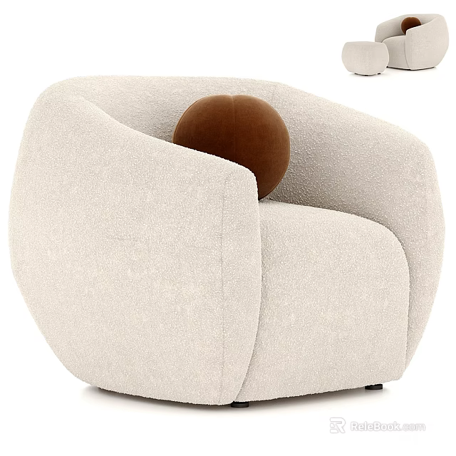 Modern Beige Upholstered Single Sofa With Brown Pompom Cushion And Rounded Design 3d model 