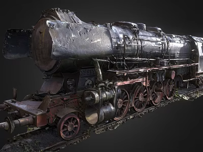 Vintage Steam Train With Old Rustic Metal Exterior And Red Wheels On Railway Track 3d model