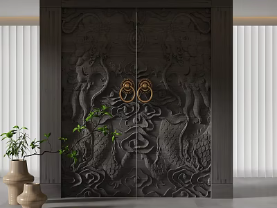 Dark Carved Swing Door With Dragon Cloud Motifs And Golden Knockers In Interior 3d model
