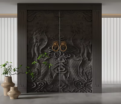 Dark Carved Swing Door With Dragon Cloud Motifs And Golden Knockers In Interior 3d model