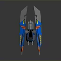 Futuristic Blue And Yellow Spaceship Design With Long Wings And Weapons