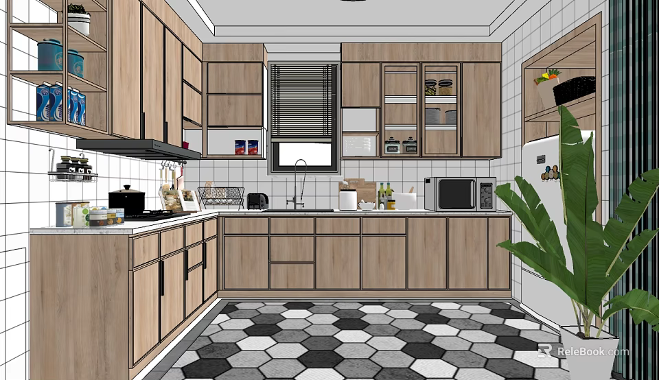 Modern Kitchen Interior With Wooden Cabinets Black White Hexagonal Tiles And Stainless Steel Appliances 3d model 