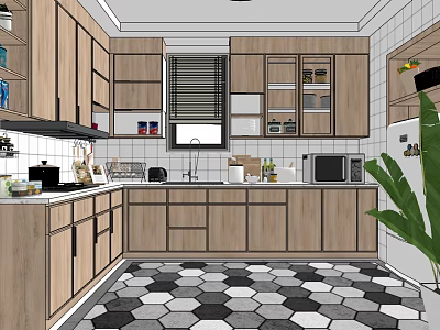 Modern Kitchen Interior With Wooden Cabinets Black White Hexagonal Tiles And Stainless Steel Appliances 3d model
