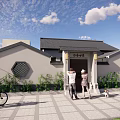 Ancient Chinese Architecture With Traditional Roof White Walls Hexagonal Windows And Green Plants At Entrance
